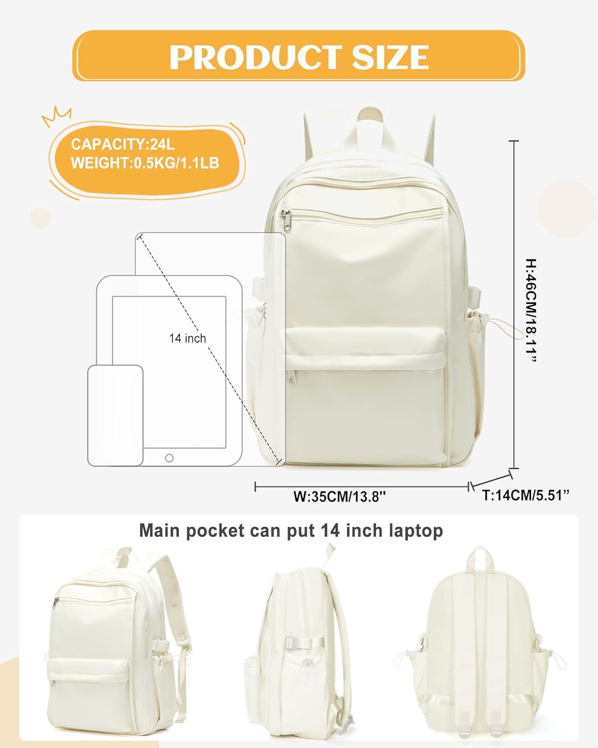School Backpack for Teen Girls Lightweight College Backpack Women Travel Backpacks Waterproof High School Bookbag for Men Classic Casual Daypacks(Beige) - Image 3