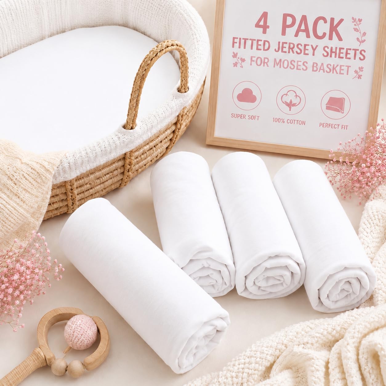 BABYMAM 4 Pack Jersey Fitted Sheets 75 x 30 cm for Moses Basket, Pram Carrycot & Bassinet, 100% Cotton Jersey, Soft Breathable Stretch Fitted Baby Mattress Sheets, Elasticated All Around (White)