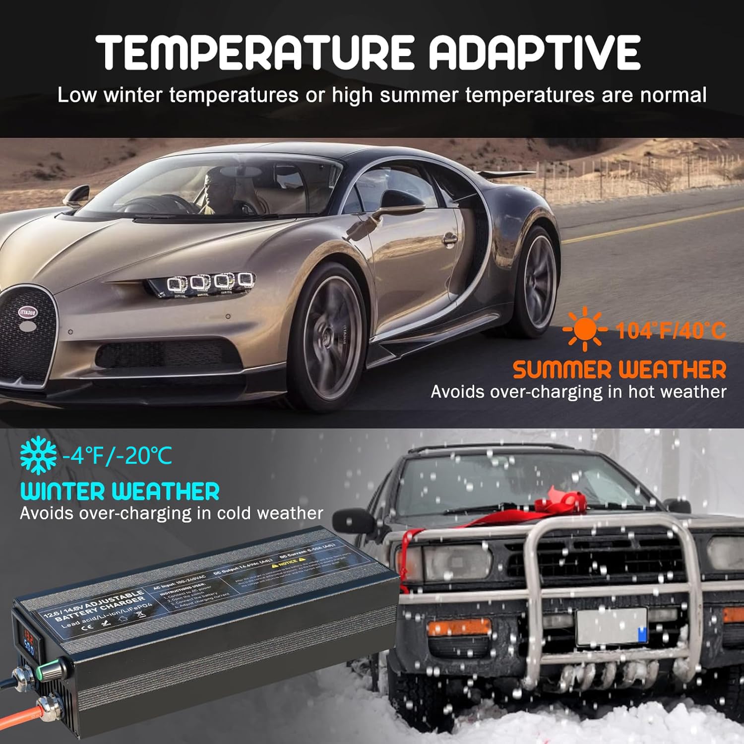 Caricabatterie LiFePO4 14.6V 0-50A Regolabile，Caricabatterie Intelligente 12V con Funzione di Mantenimento per Ricarica Rapida di Batterie al Litio per Auto, Camion, Moto, Tosaerba e Barche