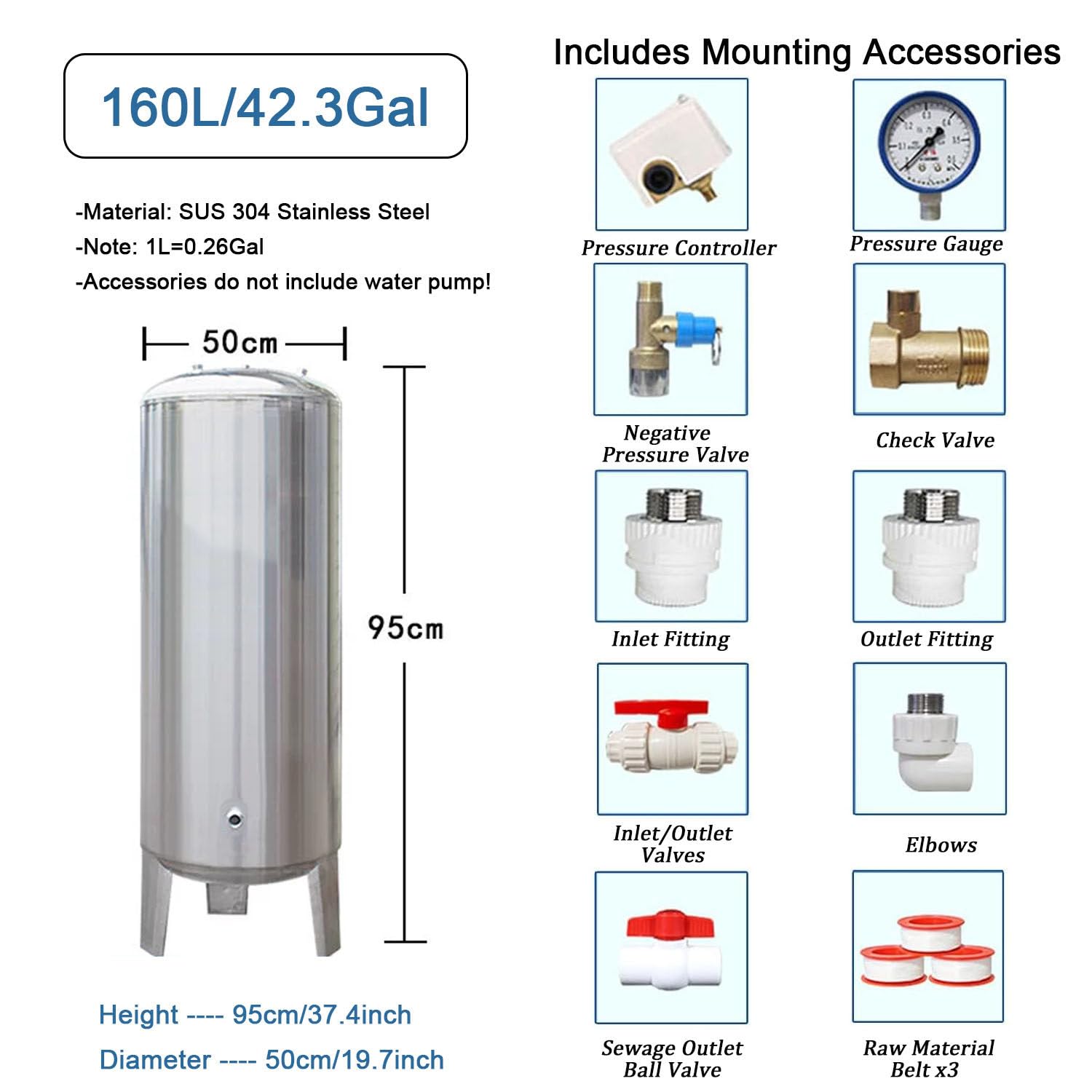Serbatoio verticale a pressione dell'acqua, contenitore della vescica dell'acciaio inossidabile, macchina dell'acqua pressurizzata per uso scolastico e domestico, 220V, 160L
