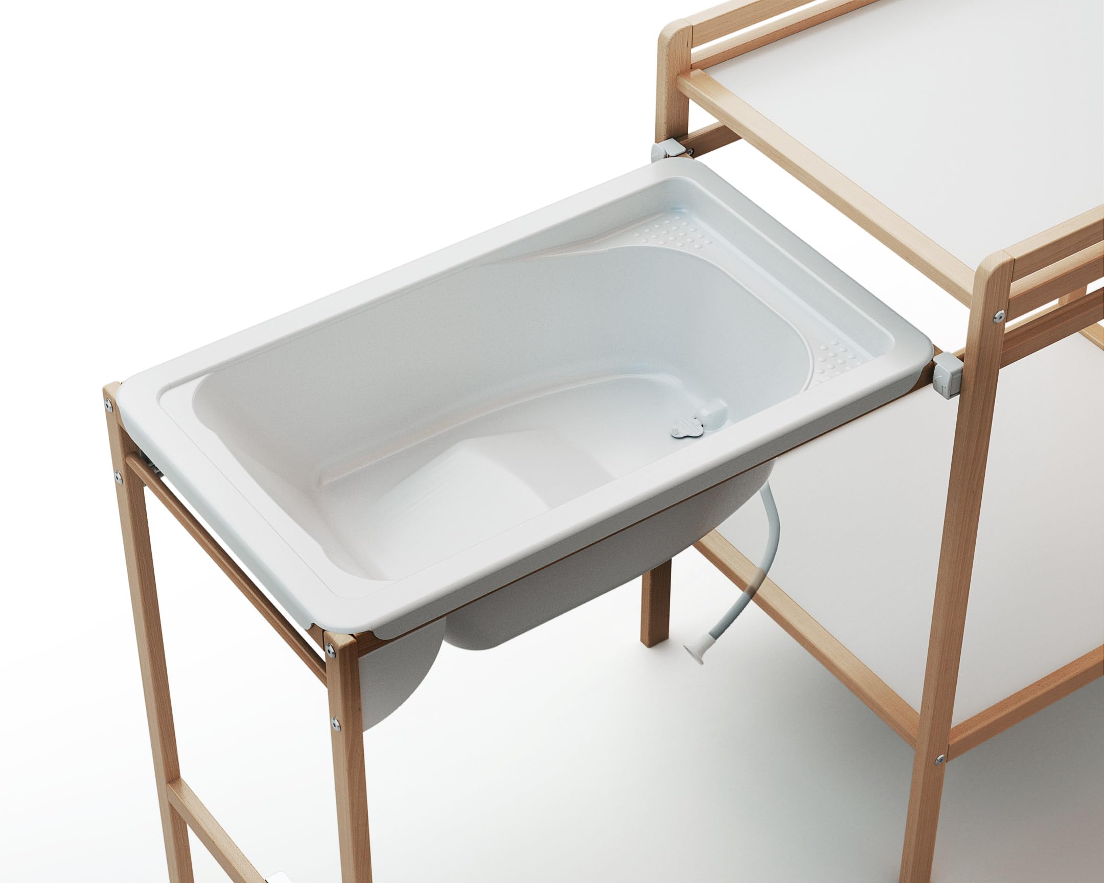 AT4 - Table à Langer avec Baignoire ESSENTIEL Hêtre verni| Dimensions dépliée (L x l x H) : 148 x 58 x 94 cm | Pliée (L x l x H) : 76 x 58 x 94 cm | Table avec roulettes | Avec tuyau de vidange