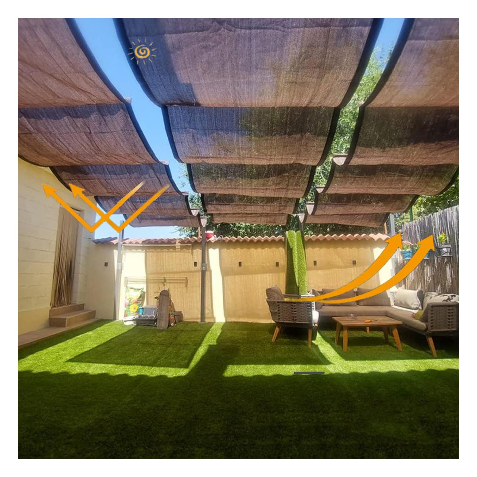 Toldo retráctil para pérgola evita radiación solar en terrazas y cenadores