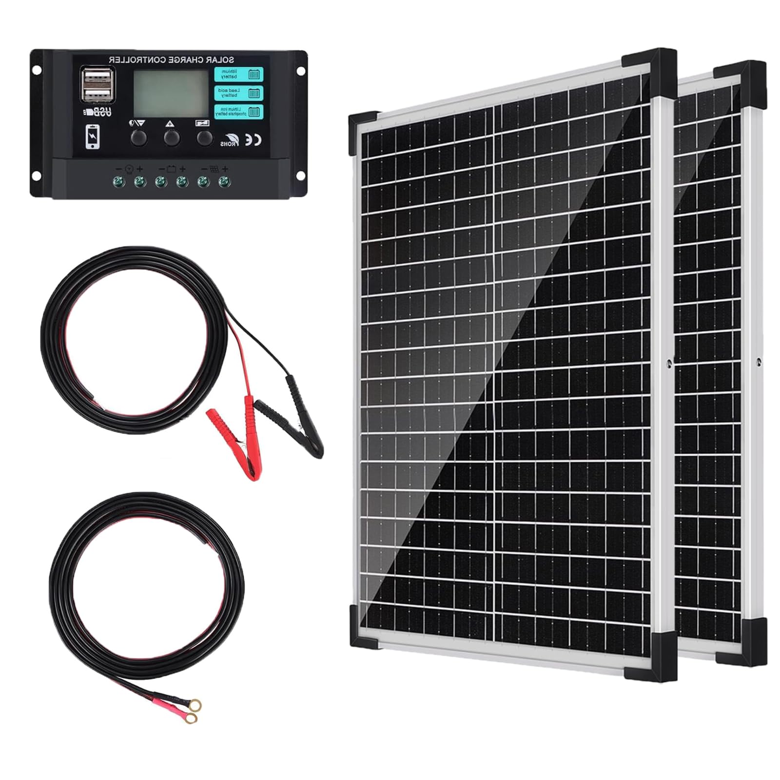 Pannello Solare da 50W 12V Kit: 2x25 W, Modulo Solare Monocristallino con Regolatore di Carica 10A, 2 Prolunghe e 2 Morsetti a Coccodrillo per Campeggio, Roulotte, Caravan, Barca