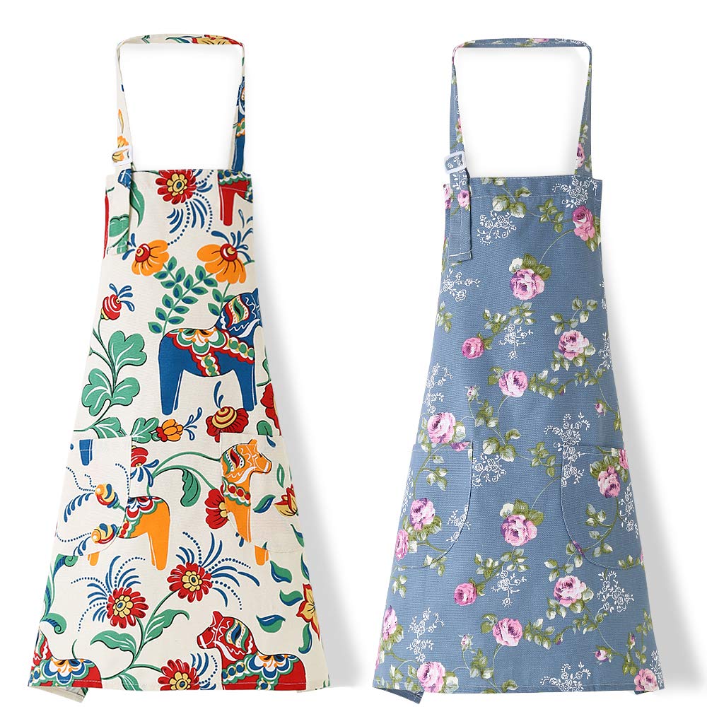 2 Pack Bib Aprons for Women Soft Cotton Linen Kitchen Cooking Chef Apron with Pockets Adjustable Machine Washable 003