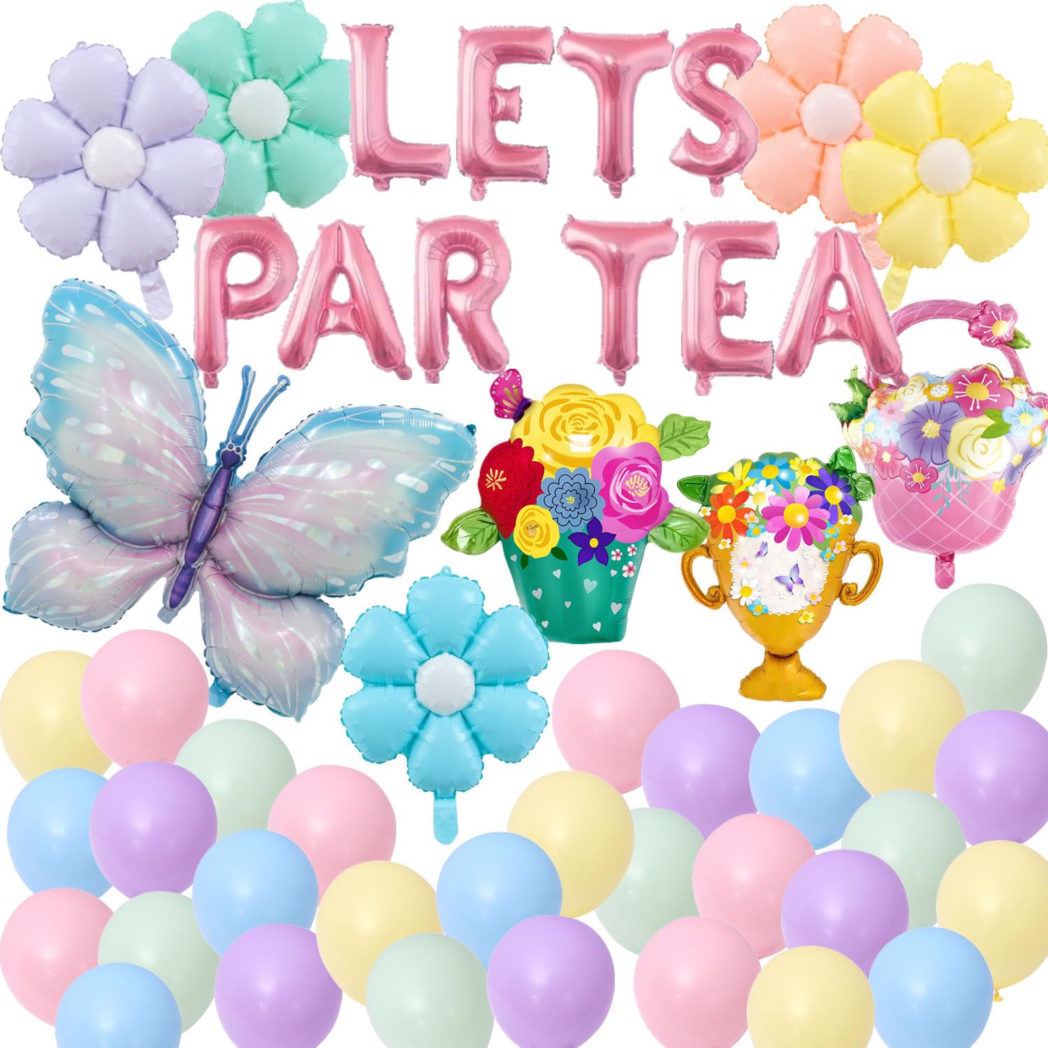 49 Pieces LET'S PAR TEA Decorations Girls Floral Tea Party Birthday Decor Flower Basket Butterfly Balloons Macaron colored Latex Balloons for Girls