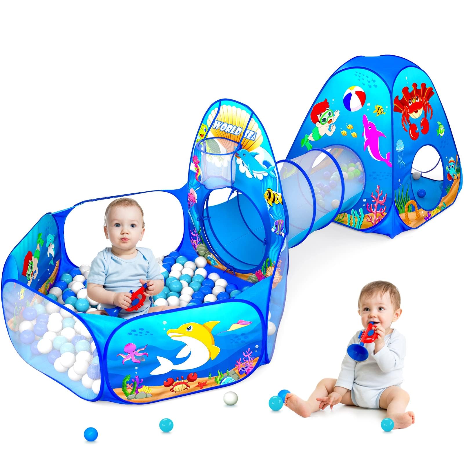PigPigPen 3 in 1 Kids Play Tent with Play Tunnel, Ball Pit, Basketball Hoop for Boys &amp; Girls, Toddler Pop Up Playhouse Toy for Baby Indoor/Outdoor, Gift for Year Old Child (Ocean 3pc Play Tent)