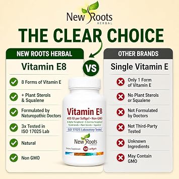 NEW ROOTS HERBAL Vitamin E Capsules (400 IU), Vitamin E8 Supplement with All 8 Tocopherols & Tocotrienols for Women & Men (120 Softgels)