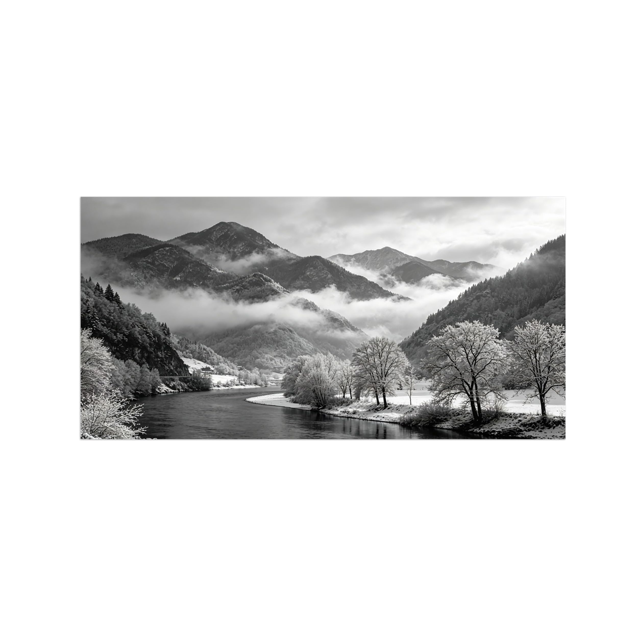 Black White Landscape Wall Art. Mountain Tree River. Picture 30x60cm Framed
