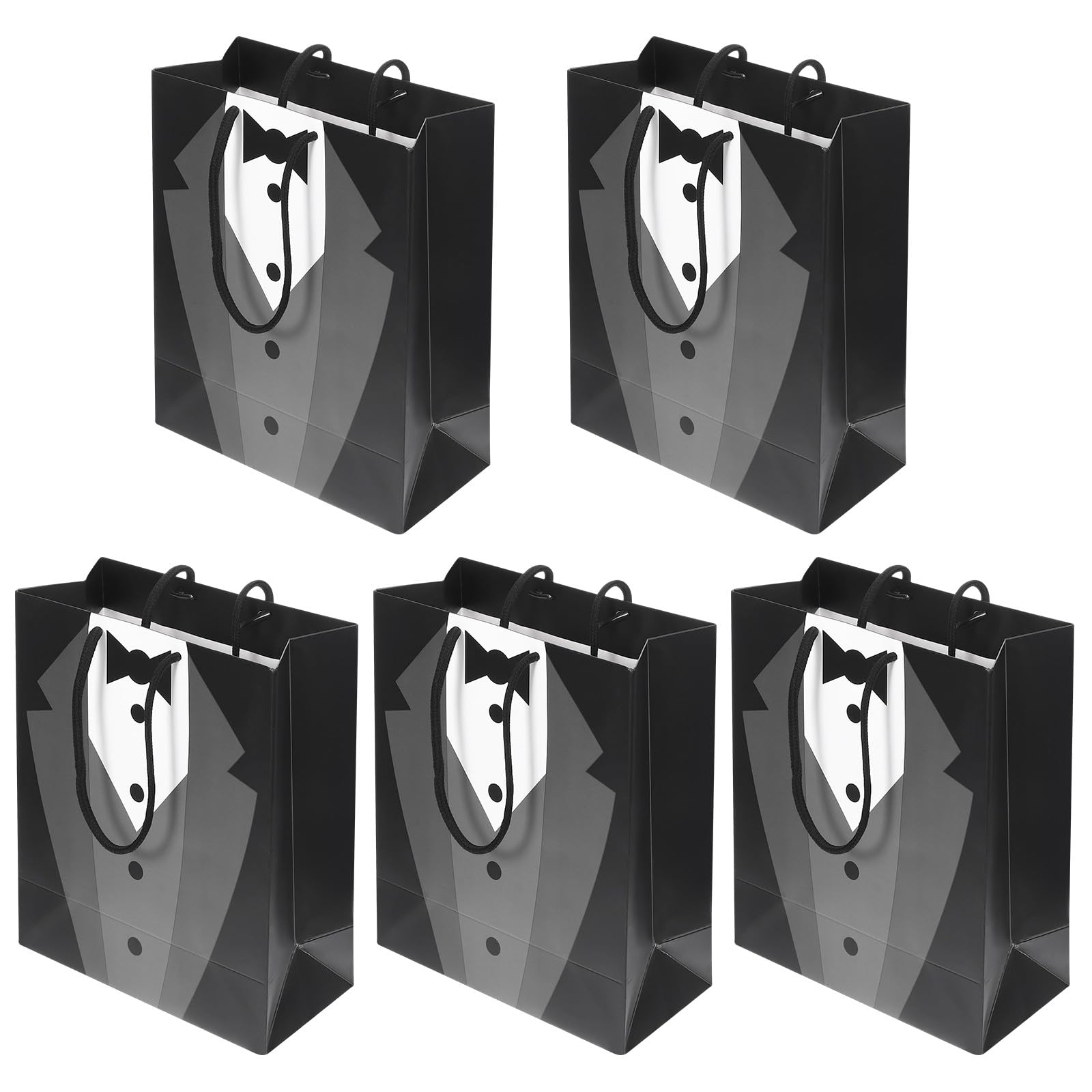 TOYANDONA 5 Pack Black 3D Tuxedo Bags 9" X7. 5" X3. 5" with Handles Real Bow Tie, Buttons for Father's Birthday Anniversary Wedding Favor