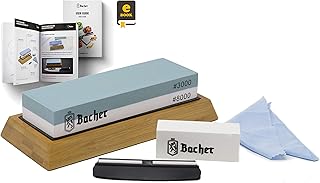 Bacher Pietra per affilare Premium 2 superfici di Diverse Grane 3000/8000 – Affilacoltelli, Pietra arenaria con Base in bambù Antiscivolo, Guida angolare e Guida dettagliata in Formato eBook