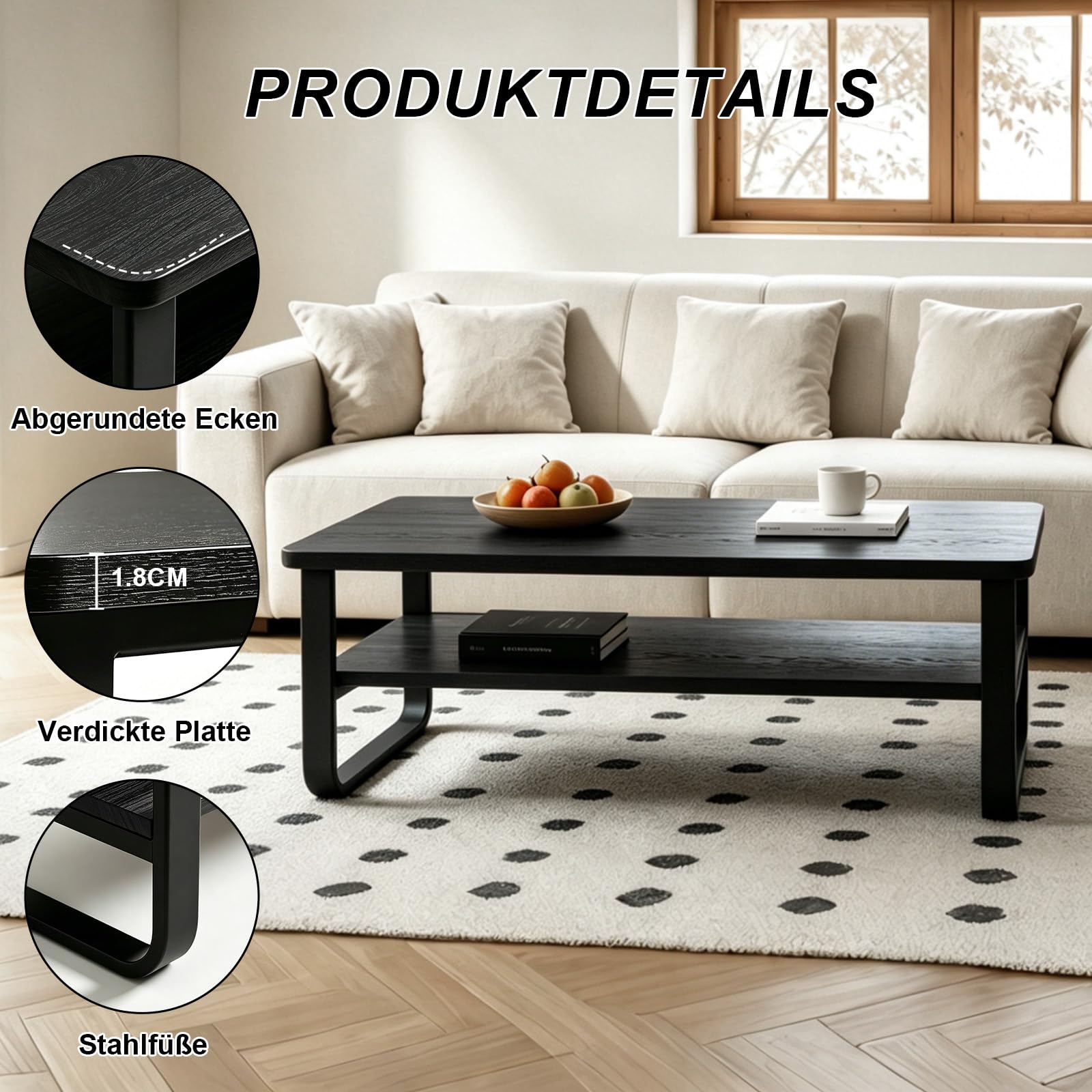 Couchtisch aus Holz für Wohnzimmer, 2-Stöckiger Beistelltisch mit Metallbeinen, Breiter Tischplatte und Offenem Stauraum, Tisch für Wohnzimmer, Büro, Schlafzimmer