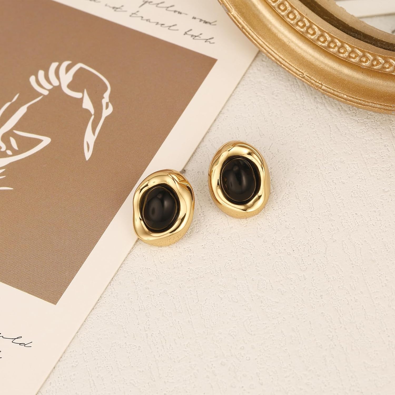 Gold Earrings for Women Oval Stud Trendy 14K Gold Plated Black Brown Stone Earrings Hypoallergenic - Image 5