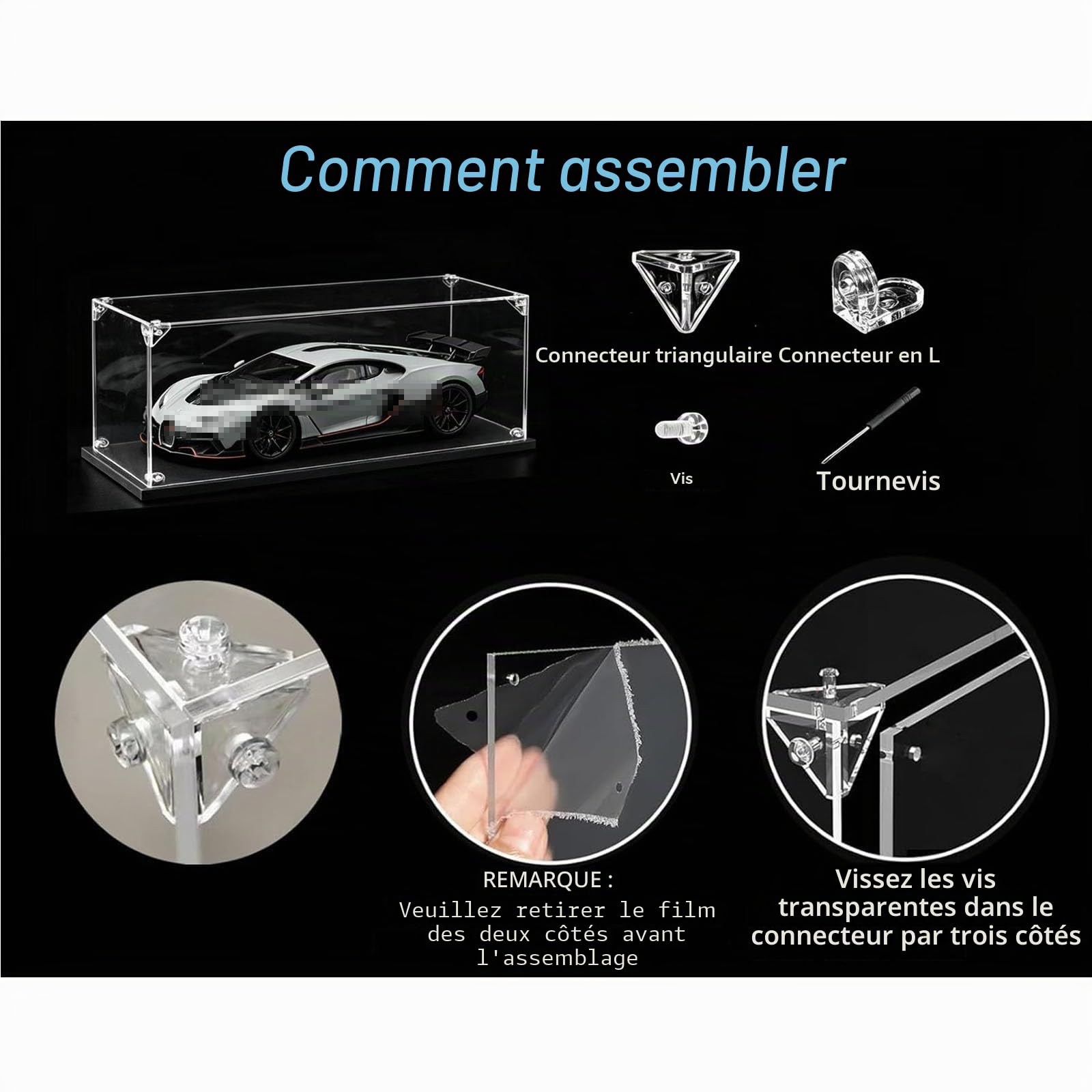 Vitrine en Acrylique Transparente pour Lego Figurines d'action,Vitrine Voiture Miniature pour Moto Figurines Jouets Objets de Collection (Base Noire, 35x35x40CM)