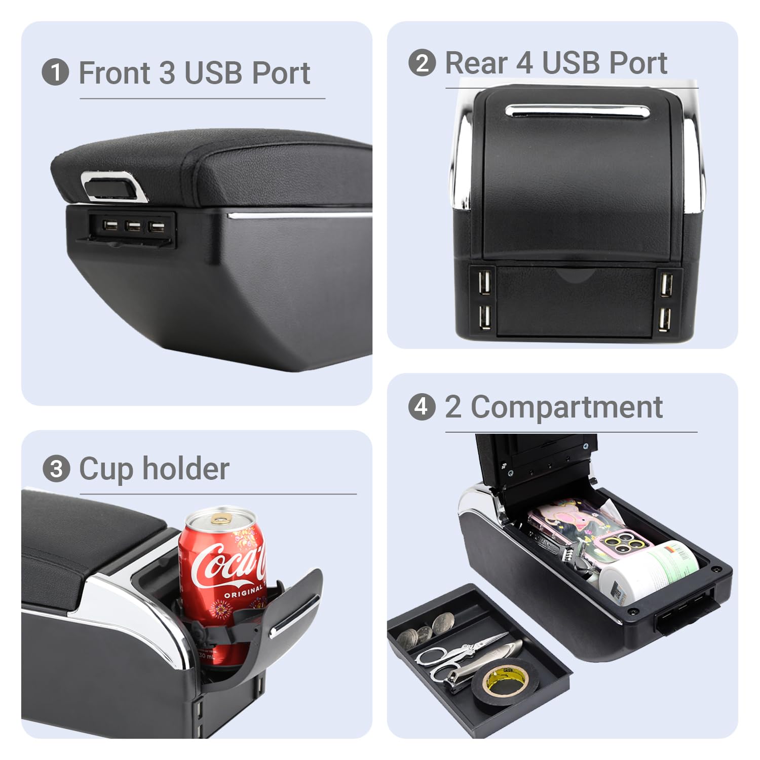 Compatible con Toyota Yaris iA Sedan 2017-2018, reposabrazos de consola central ajustable para coche, cargadores USB duales, parte delantera trasera, soporte de brazo de asiento de coche