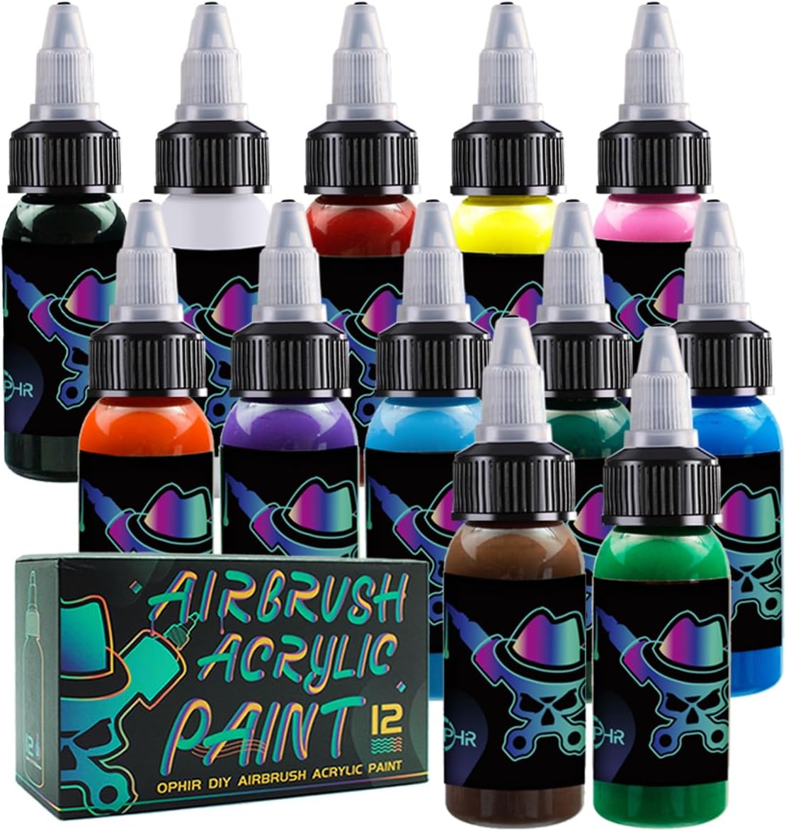 OPHIR Airbrush Paint Set for Model Hobby, Shoes, Leather Painting, Easy to Clean with Water or Alcohol-12 Colors Acrylic Airbrush Paint Supply, 1.05 oz/Bottle
