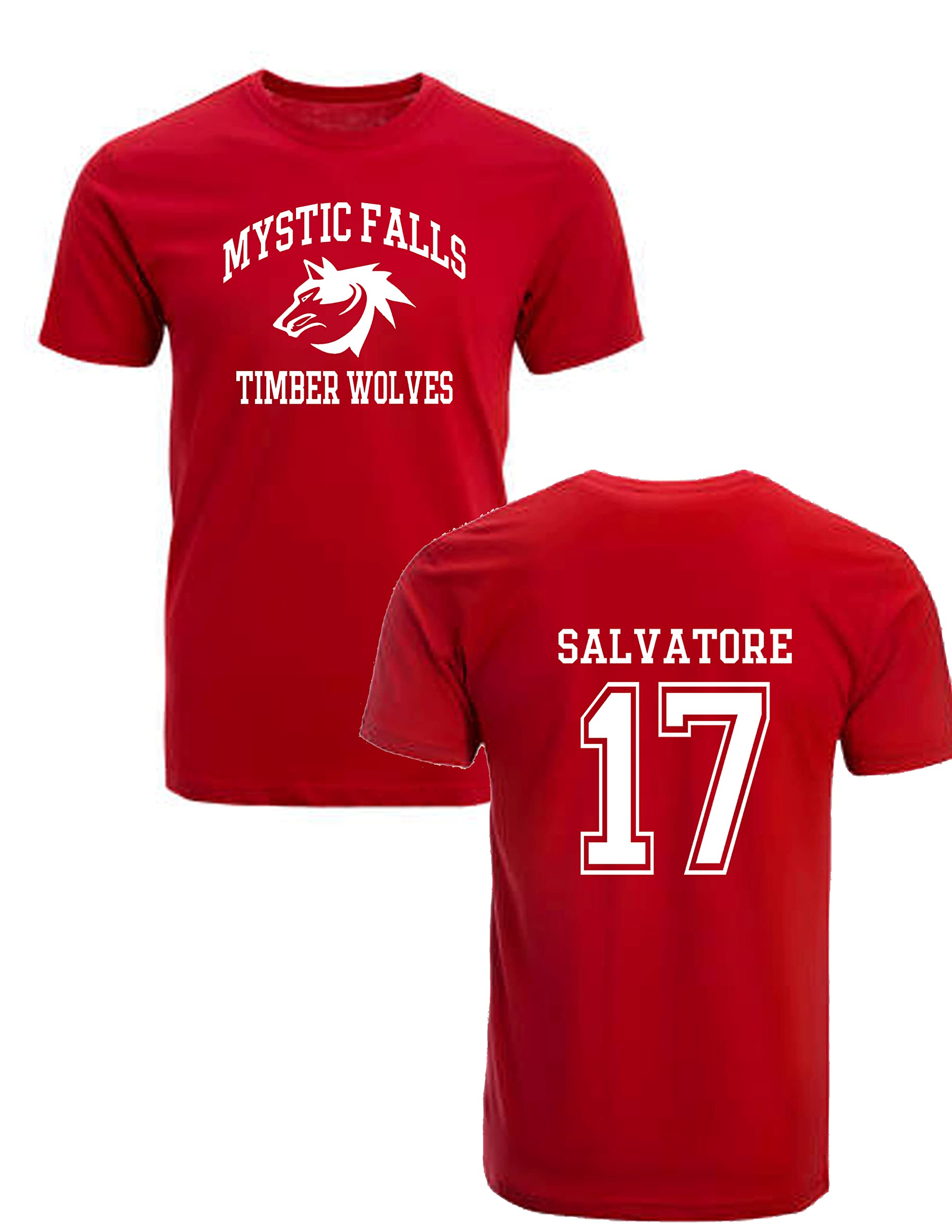 Moonbow Unisex Red The Vampire Diaries Inspi T-Shirt - Mystic Falls Salvatore 17 Front And Back Print 4 Colours