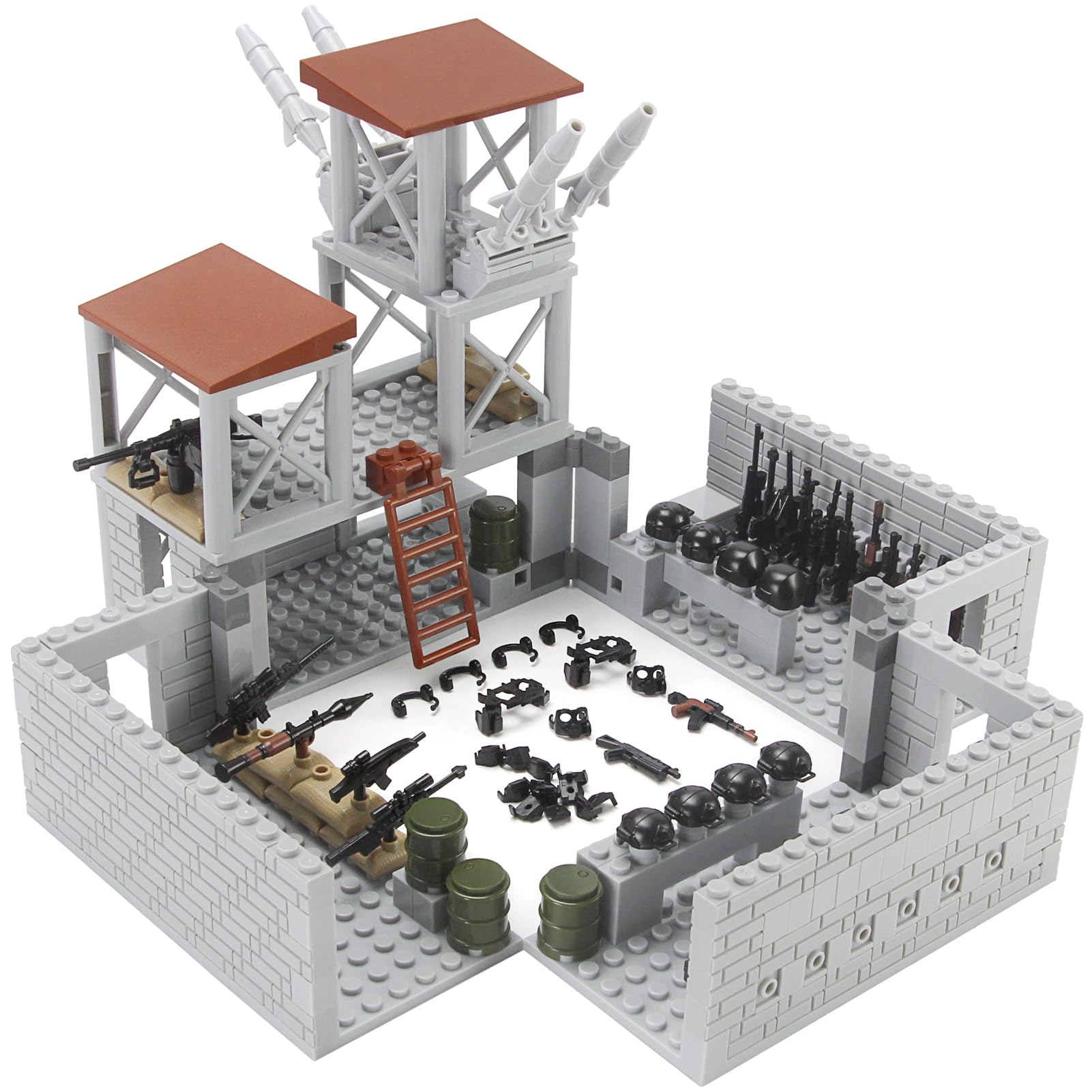 Feleph Military Base Building Set Fortress Guard Tower with Army Weapons Arsenal Toy Block 389 Pieces Model Accessories for Kids and Adults