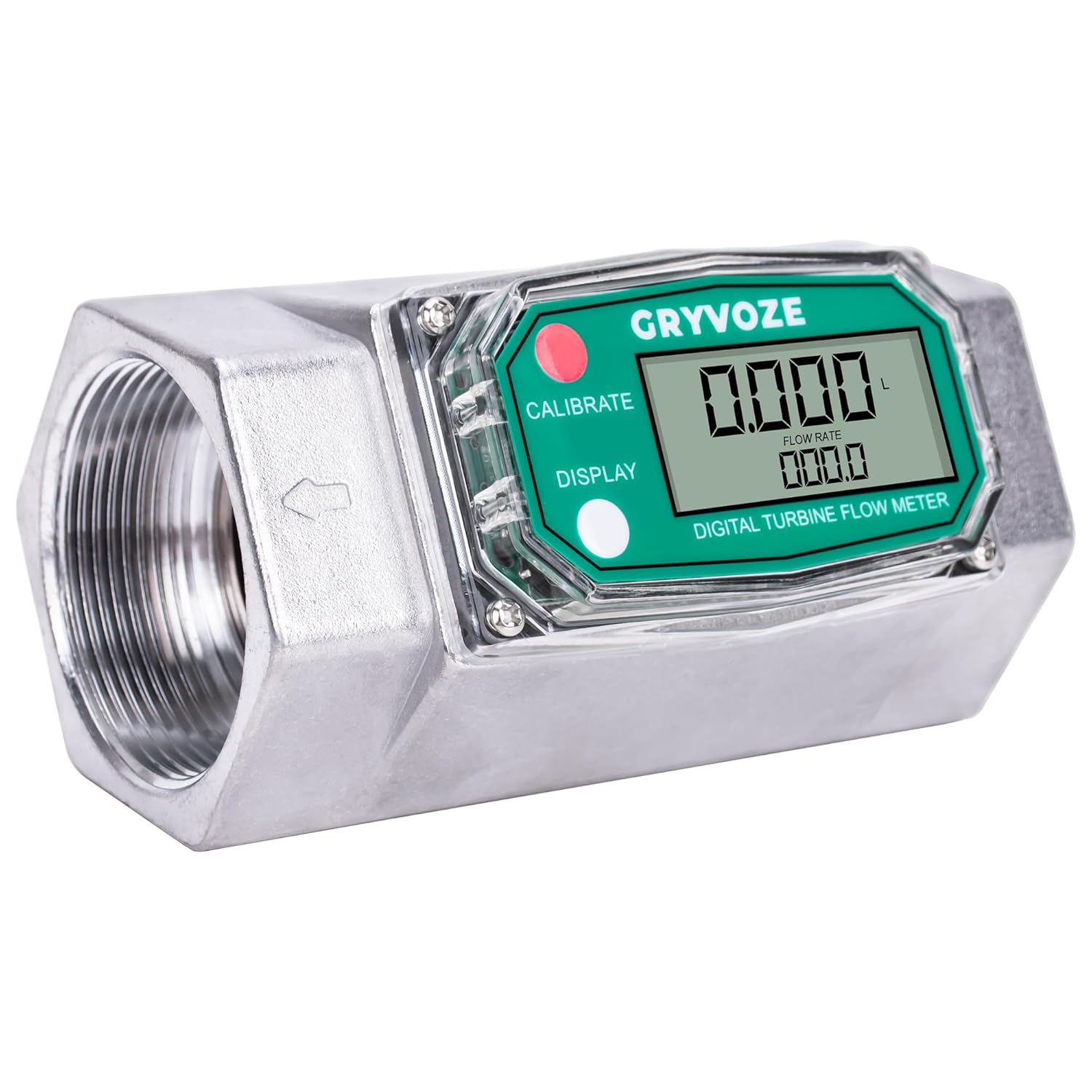 GRYVOZE 1 Inch Digital Turbine Fuel Flow Meter, 2.6-26 GPM Inline NPT Thread Flowmeter with 3/4 in Adapters for Water, Diesel, Gas Oil, Gasoline, and Other Liquids - Supports Gallon, QTS, PTS, L, m³