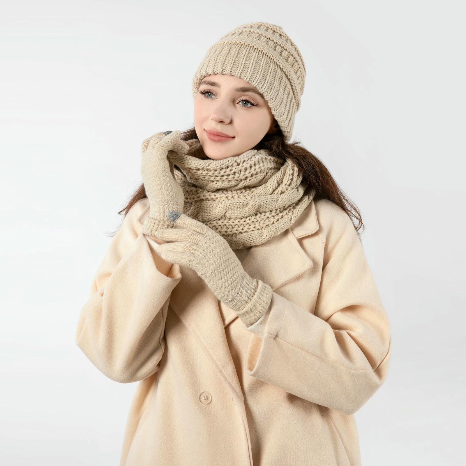 Mütze Schal und Handschuhe Winterplüschiges Verdicktes, Wind- Kältebeständiges Dreiteiliges Set Aus Gestrickter Wollmütze, Handschuhen-dunkelgrau