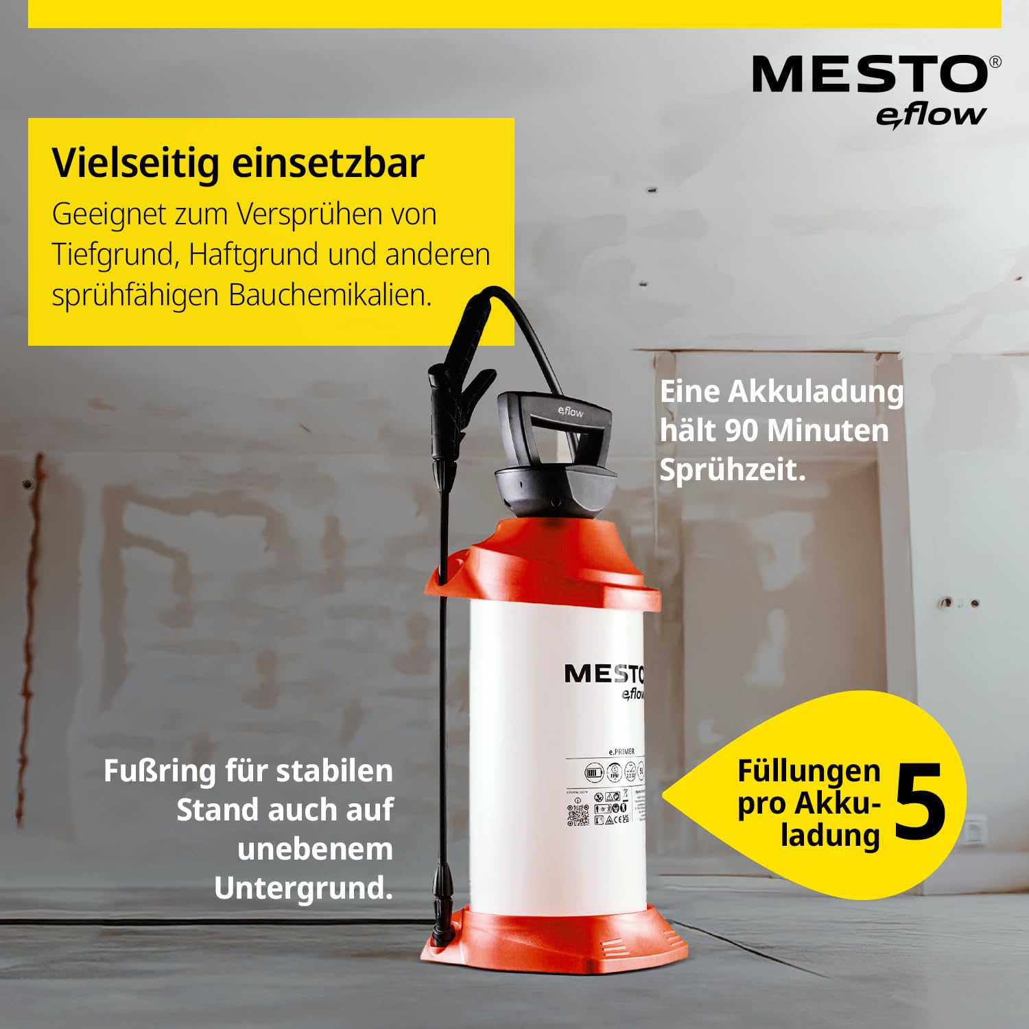 MESTO e.Primer Akku-Drucksprühgerät | Akku Drucksprüher 5 Liter | Für Tiefgrund, Haftgrund & Bauchemikalien | Drucksprüher Akku | Drucksprüher 5L für Handwerk & BAU | Drucksprüher elektrisch