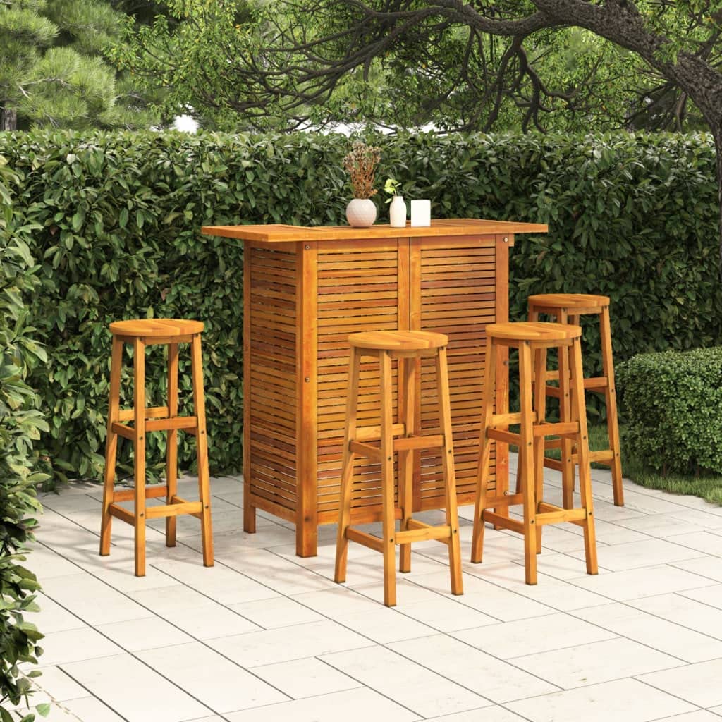 Juego Bar Jardin 5 Pzas Madera Acacia | Mesa Bistro con 2 Estantes, Taburetes con Reposapies, Aceite Acabado, Max 110 kg por Asiento