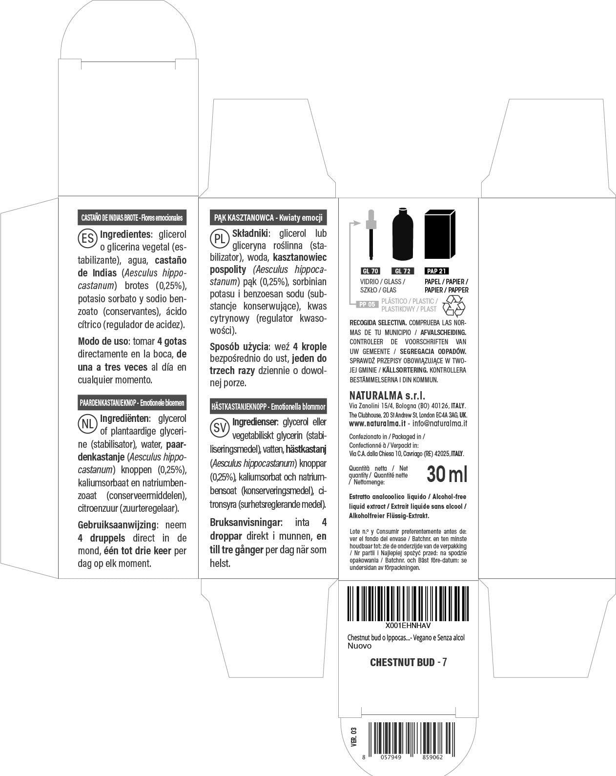 Chestnut bud o Castaño de Indias brotes (Aesculus hippocastanum) Flores emocionales o Flores de Bach Naturalma - Gotas 30 ml - Extracto líquido sin alcohol - Esencias florales - Vegano