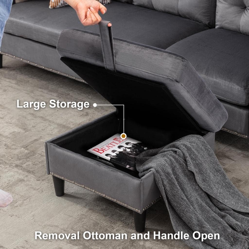 Grey Sectional Couch with Chaise, 78" Dutch Velvet Sofa with Removal Ottoman, Free Combination L Shaped Couch, Small Living Room Apartment and Small Space Furniture with USB Charge Pocket Storage : Home & Kitchen