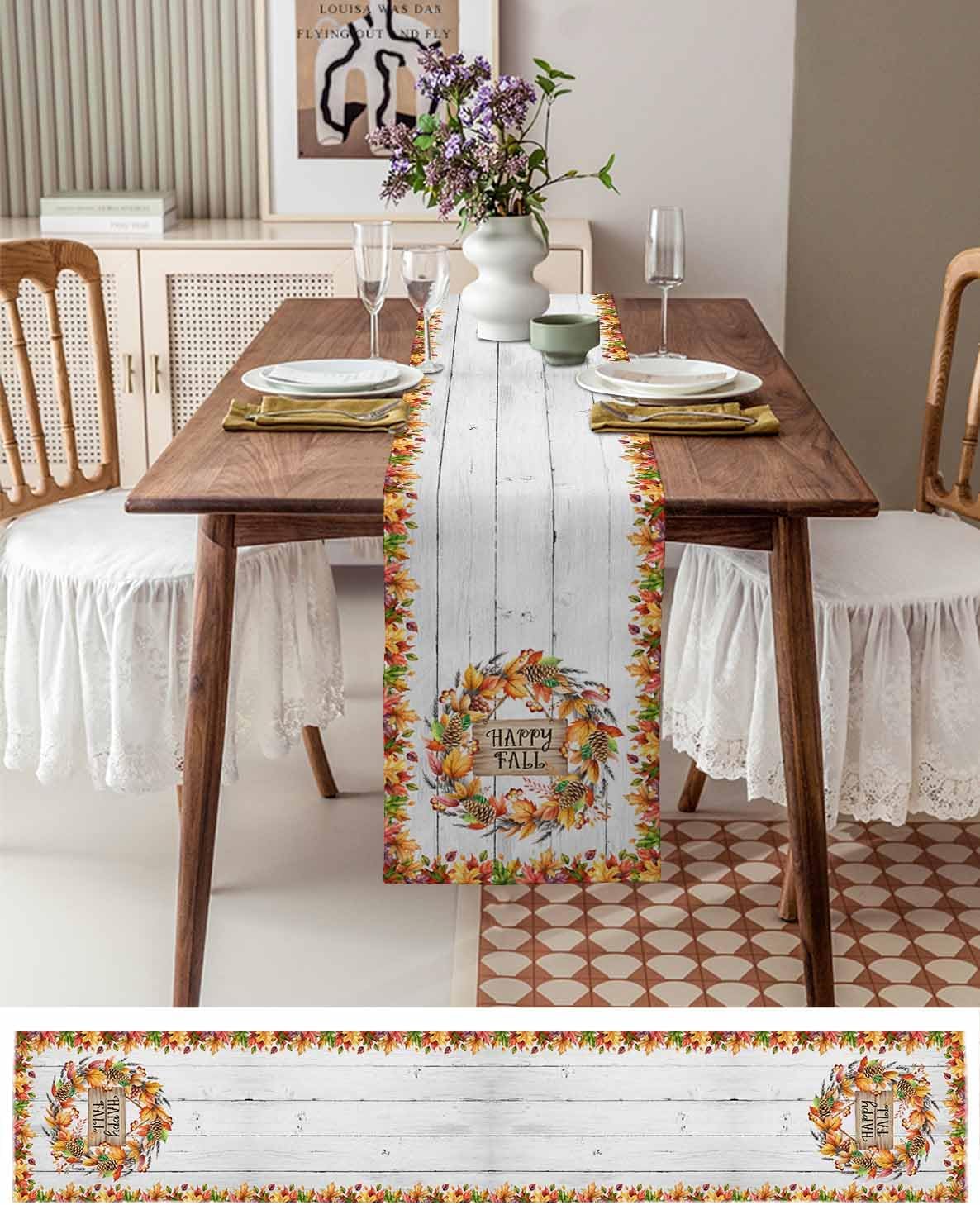 Happy Fall Table Runner 108 Inches Long for Dresser Dining Room Maple Leaves Kitchen Dining Table Runners Rustic Wood Grain Table Decorations for Home Party Indoor Outdoor 13 x 108 Inch