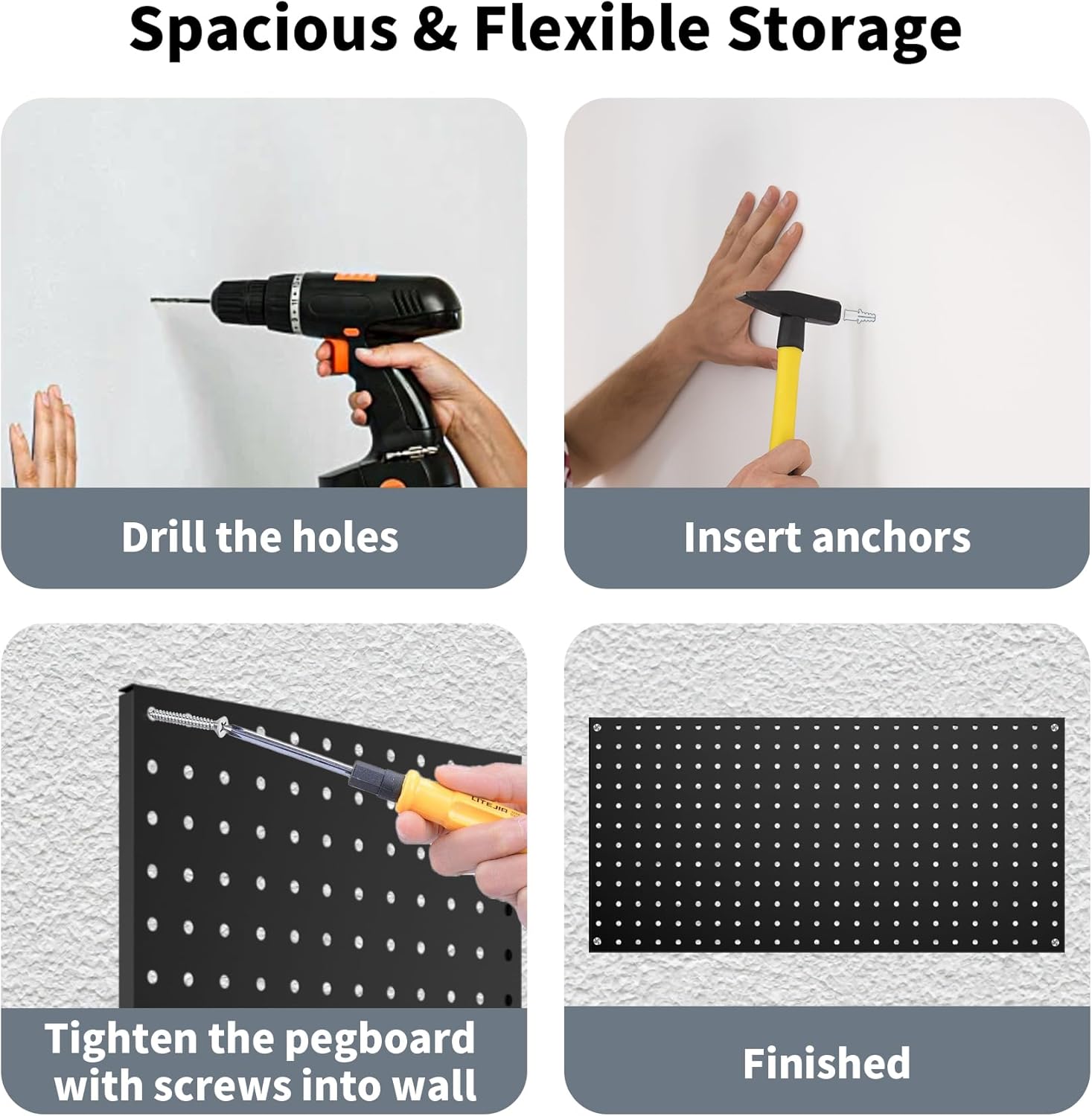 Garage Pegboard Organizer - 4-Pack 24" x 12" Black Heavy-Duty Metal Pegboard Panels, High-Capacity Wall Mount Peg Board for Tool Storage, Workshop, Kitchen, Garage & Office Organization