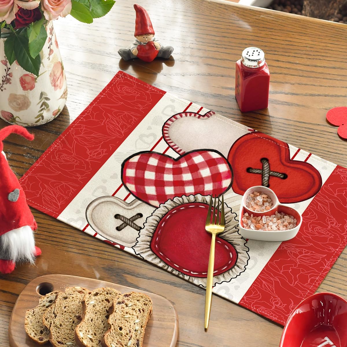 Artoid Mode Red Heart-Shaped Buttons Mother's Day Placemats Set of 4, 12x18 Inch Anniversary Wedding Table Mats for Party Kitchen Dining Decoration