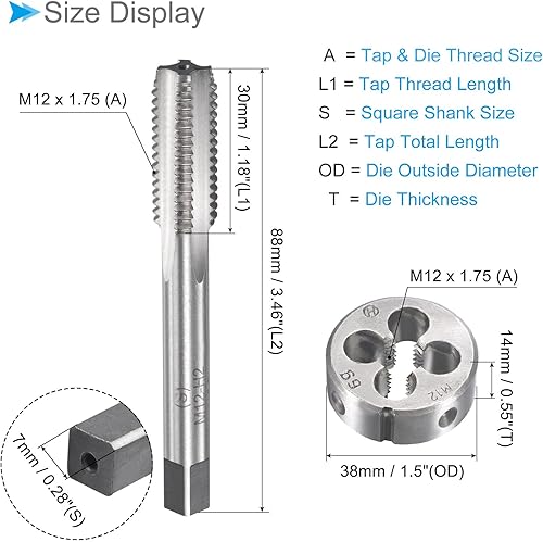 Miniatura 7 de Juego de roscas y troqueles, rosca M11 x 1.5, rosca métrica de acero de alta velocidad y kit de herramientas de troquelado redondo (aplicaciones