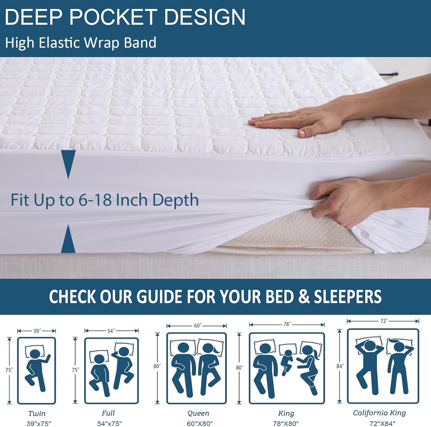 Noiseless Waterproof Mattress Protector, California King Size Bed Mattress Cover with Deep Pocket 6"-18" Depth, Soft Breathable Anti-Slip Mattress Cover Machine Washable for Home, (White)