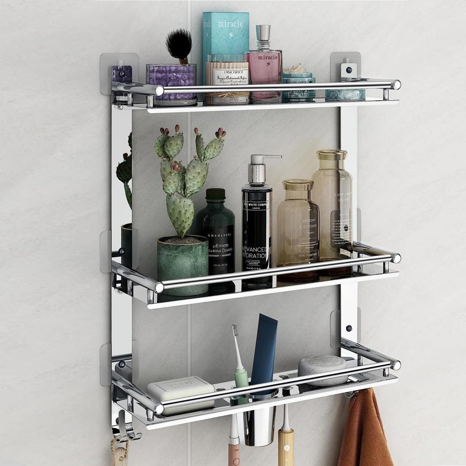 Pivalo 6 in 1 Stainless Steel Bathroom Shelf Multipurpose Home Accessories Organizer Set Corner Wall Mount 3 Layer Rack with Mirror Finish Holder for Towel Soap & Toothbrush (1 Pc)