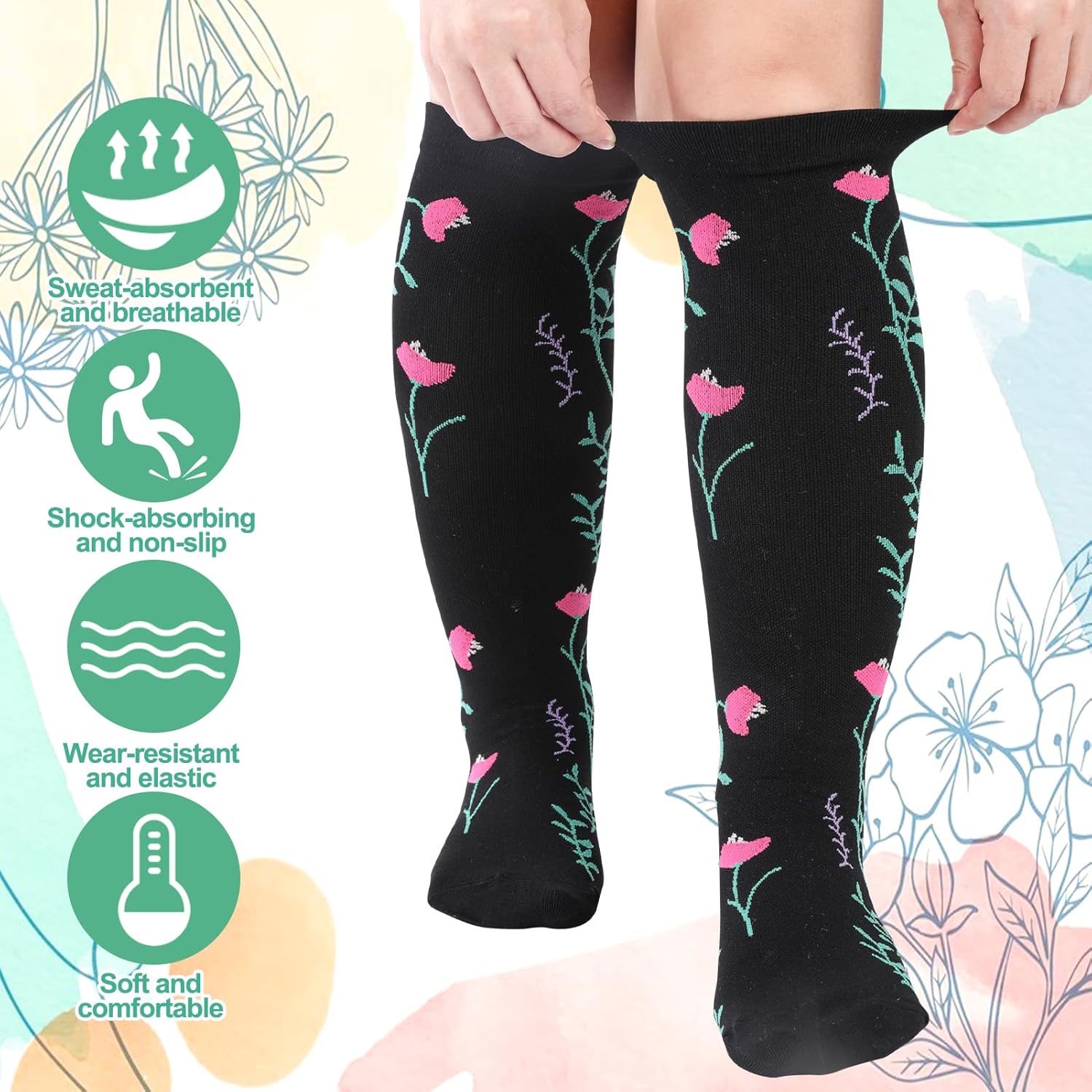 Jspupifip 6 Pairs Plus Size Compression Socks for Women Wide Calf Extra Large Knee High Support for Travel Yoga Running Circulation - Image 3