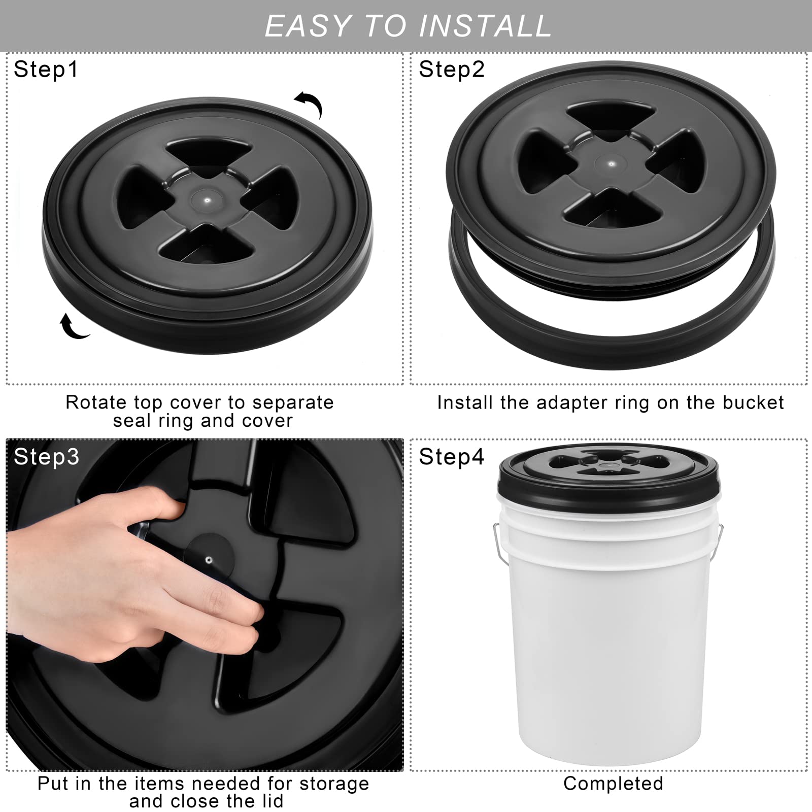 Aodaer 4 coperchi con guarnizione gamma, 5 galloni, coperchio per alimenti, coperchio riutilizzabile in plastica, coperchio per contenitori per alimenti (nero, bianco)