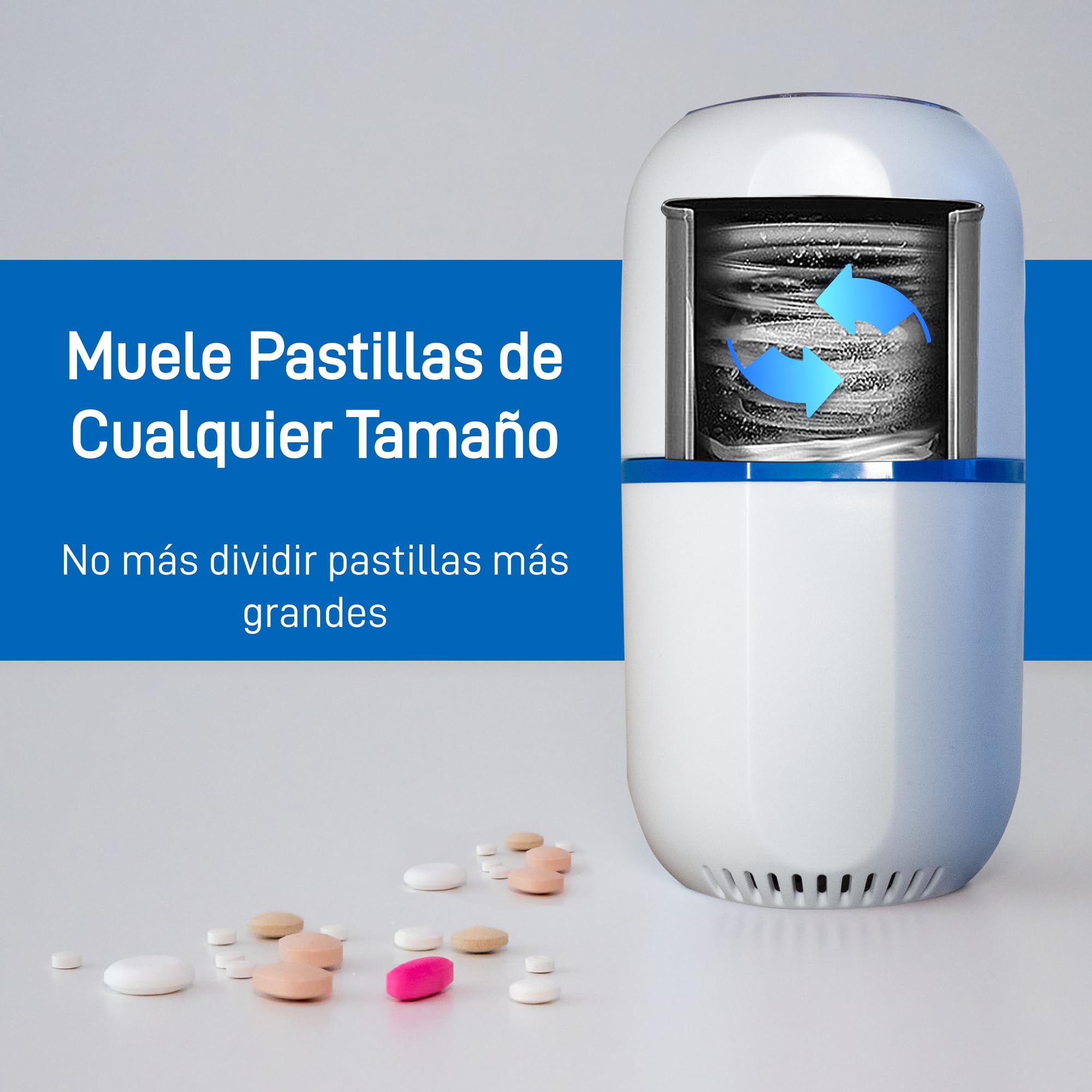 Triturador eléctrico para pastillas - Pulverizador electrónico de polvo fino para medicamentos - Con organizador de pastillas, cepillo, cuchara, paño y cuchillas de acero inoxidable de Pill Mill