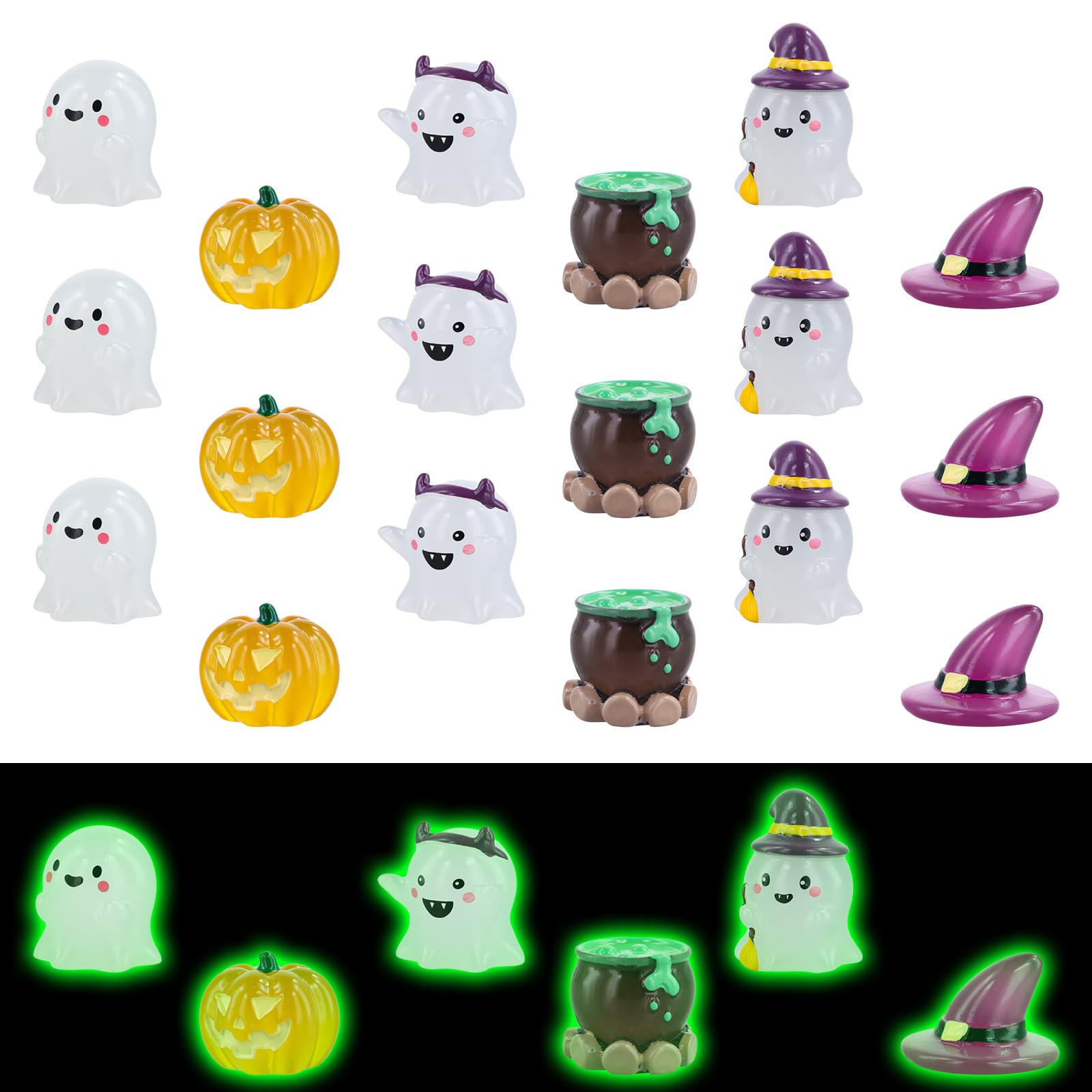 24pcs Mini Resin Ghosts, 6 Styles Mini Glow Ghosts Statue Cute Tiny Resin Garden Figurines Decor Magic Hat Green Potion Ghost Pumpkin for Halloween Miniature Landscape Dollhouse Decoration