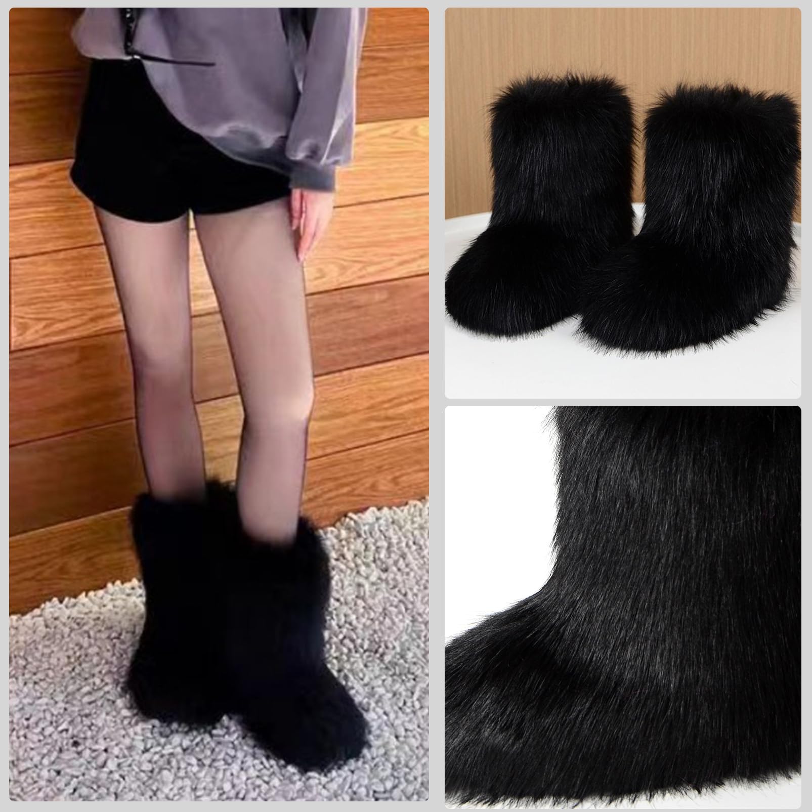 Mujer Linda Fluffy Botas Caliente Invierno Botas de Nieve with Faux Raccoon Piel Zapatos Outdoor