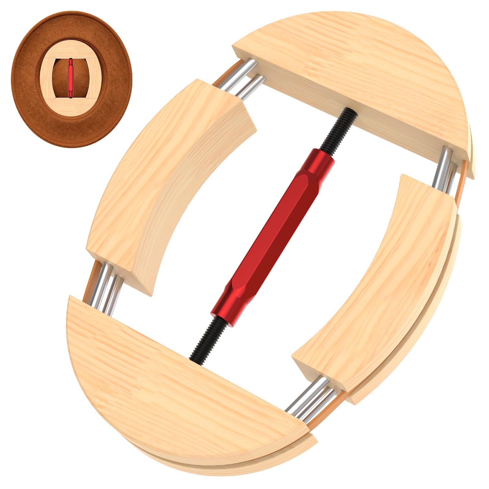 GUIJZSLTRG Wooden Hat Stretcher Expander 4 Way Adjustable Cap Shaper with Metal Adjustable Buckle, Stretched Length 7.4'' to 9.2'',Width 5.8'' to 6.3'' for Cowboy Baseball Felt Hats Beechwood