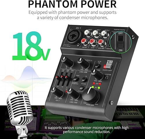 Miniatura 5 de XTUGA AMG03 Mezclador de audio de 5 canales, interfaz de audio USB con efecto de eco para grabación de estudio en casa, transmisión en vivo, equipo