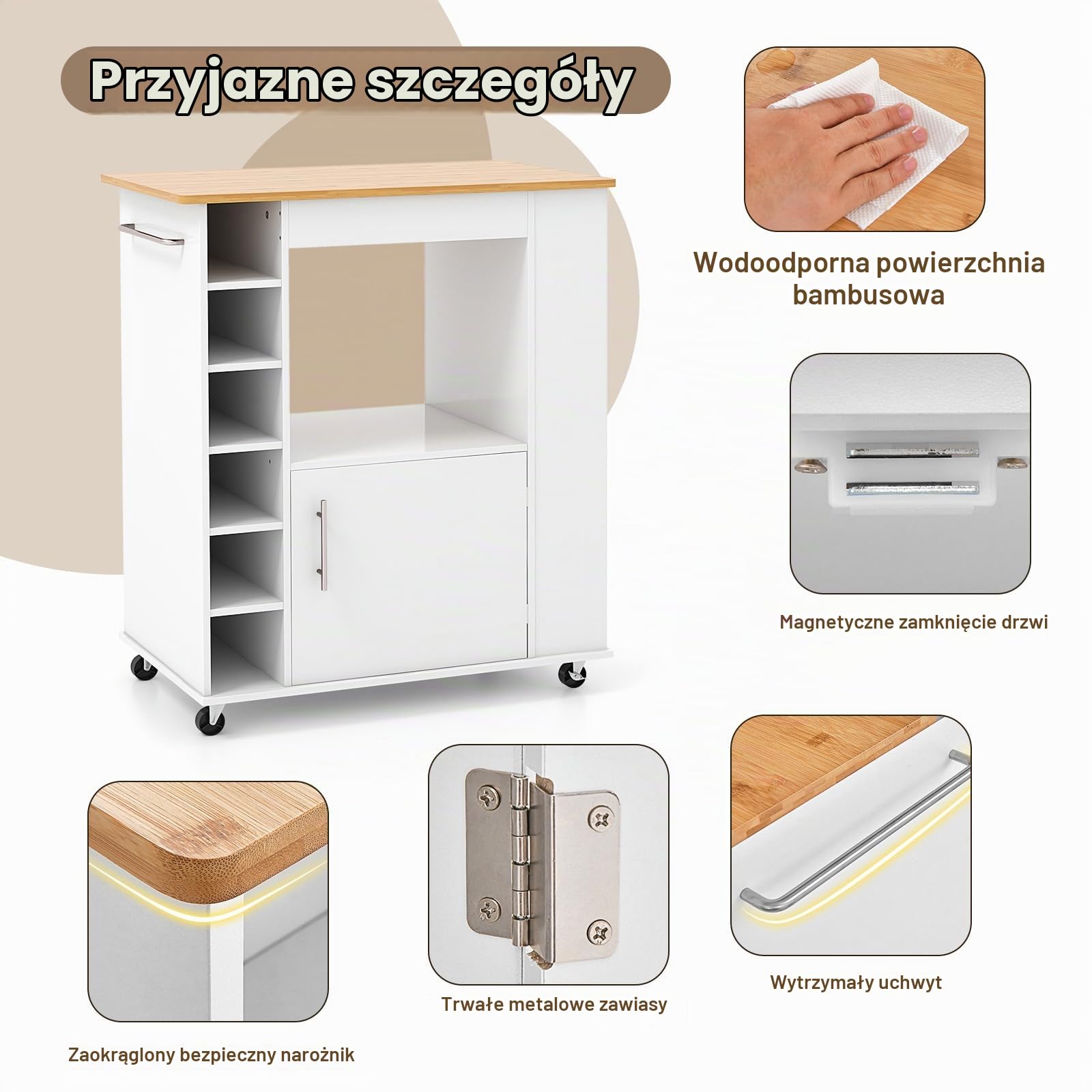 KOMFOTTEU Wózek do serwowania, wózek kuchenny, wózek kuchenny na kółkach z blatem roboczym i 6 butelek, regał na wino, wózek uniwersalny, drewniana szafka kuchenna na kółkach, do kuchni, jadalni, baru