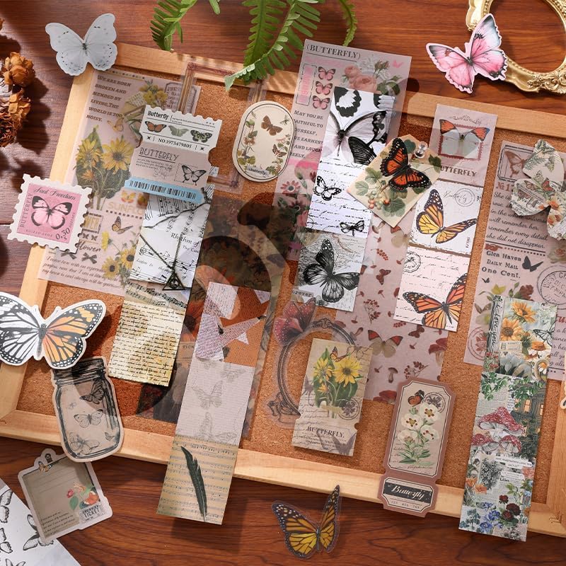 Image of GDNK 346pcs Vintage Journal Scrapbook Pack Kit for Art Journaling Bullet, Planners DIY Paper Stickers, Craft Kits Notebook, Collage Album Aesthetic Sticker (Moonlight) (Green Butterfly)