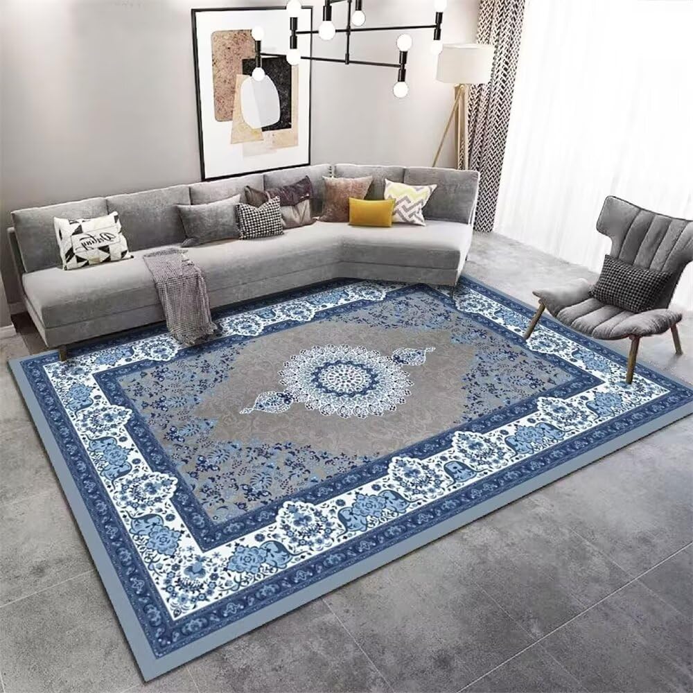 Tapis durable antidérapant bleu au motif floral rétro 150x200