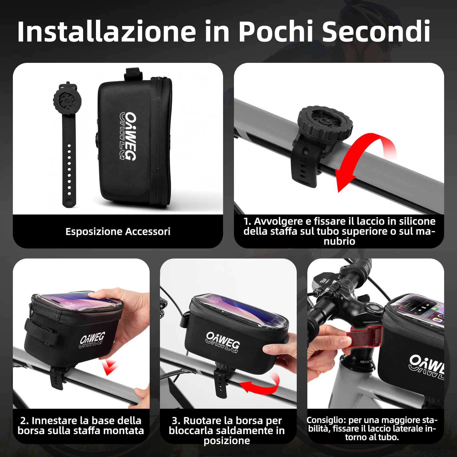 Borsa Telaio Bici Impermeabile 1,9L con Supporto Manubrio, TPU Touch Screen per Smartphone Fino a 6.7" – Impermeabile e Antivibrazione per MTB e Commuting, Installazione Rapida