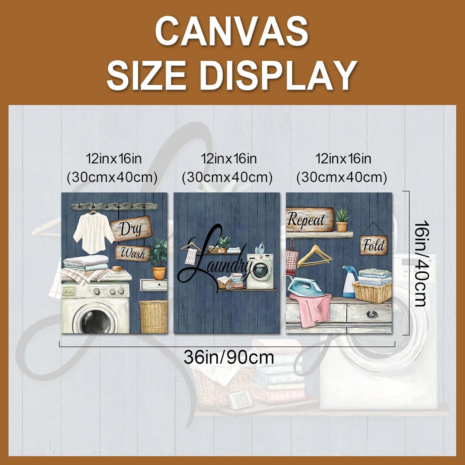 PoGoXiPoYo 3 Pieces Laundry Room Wall Art Canvas Prints Wash Dry Repeat Fold Laundry Signs Pictures Rustic Wall Decor Ready to Hang Navy Blue 12"x16"x3