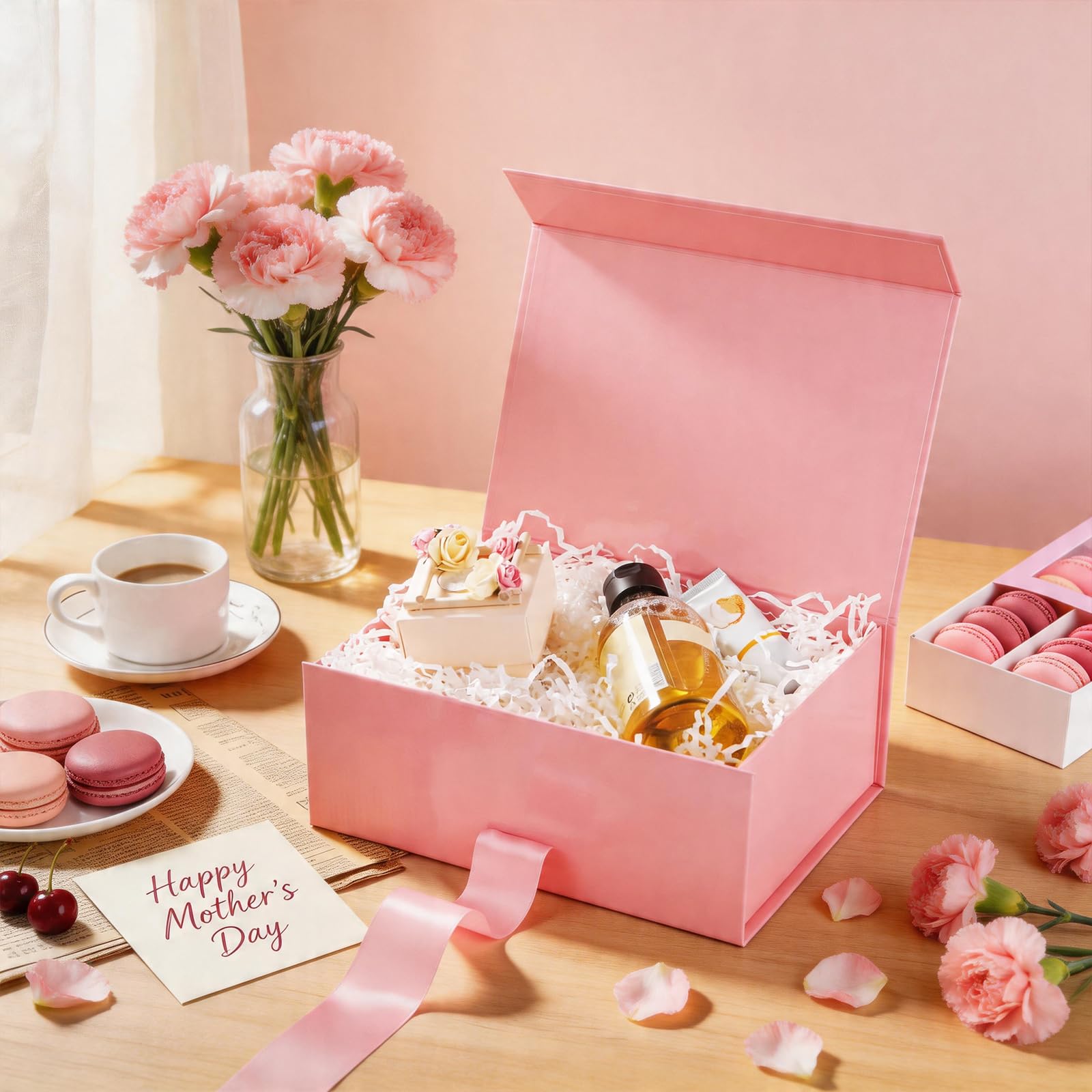 HAPPY POTATO 5 Valentinstags-Geschenkboxen mit Band, 22,9 x 16,5 x 9,5 cm, rosa Geschenkbox mit Deckel, Brautjungfer-Antragsboxen, magnetische Geschenkboxen für Geschenke (glänzendes Rosa, 5 Stück)