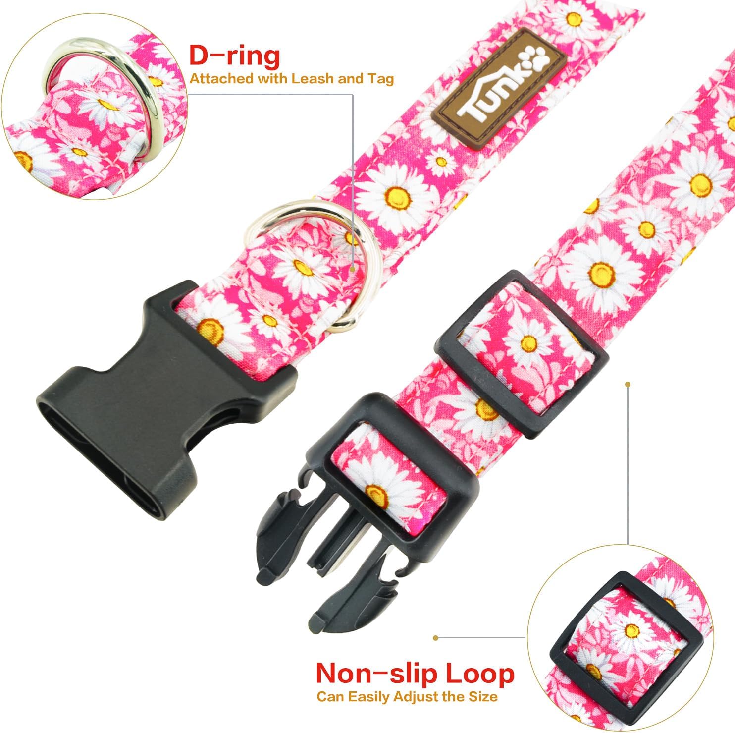 Tunkoo Pink Daisy Dog Collar, Cute Adjustable Premium Cotton Collar Durable Plastic Buckle for Small Medium Large Boys Girls Dogs, L image 3