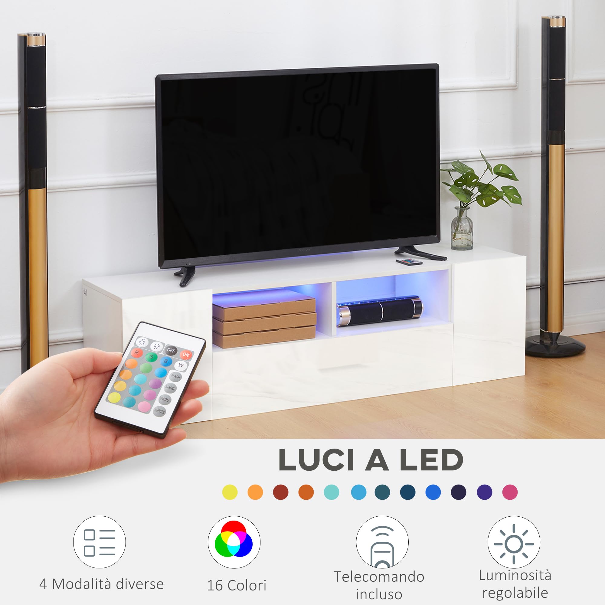 HOMCOM Mobile TV 60" max in Truciolato, Mobiletto TV con 3 Ripiani, 2 Armadietti e Luci LED, 137x35x42 cm, Bianco Lucido