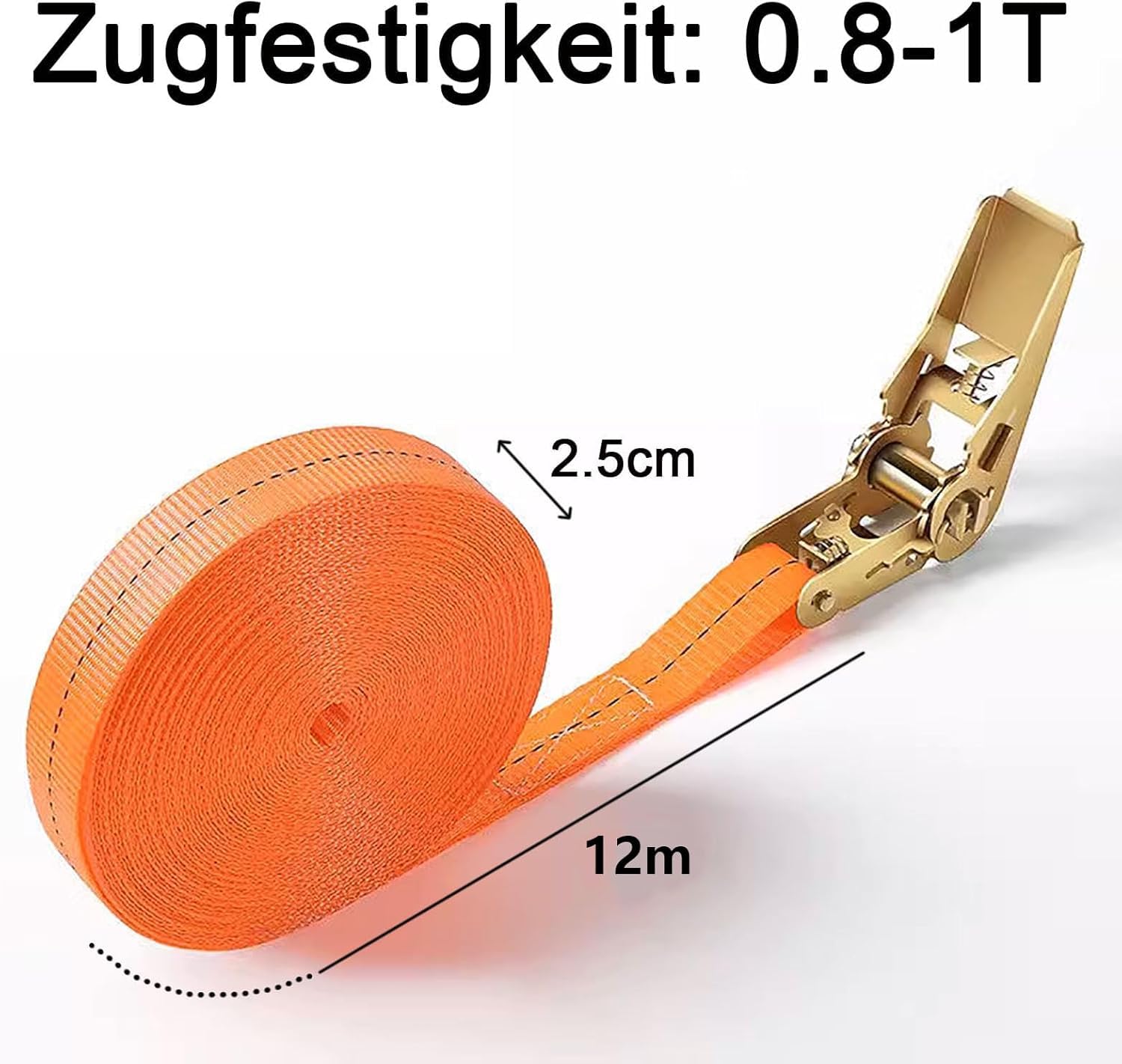 BetterJonny - Cinghia di ancoraggio, 15 m, con fibbia di serraggio, 1000 kg, larghezza della cinghia 25 mm, cinghia a cricchetto con cricchetto per fissaggio auto, moto (arancione)