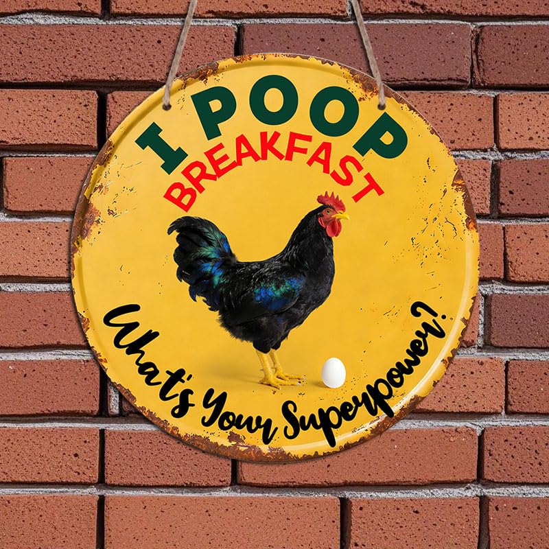 2D Flat, Farmhouse Breakfast Humor Sign Aluminium Hanging Ornaments – Playful Chicken Illustration – Lighthearted Kitchen Decor for Country Home, or As A Fun Gift for Bird Lovers yellow Vintage